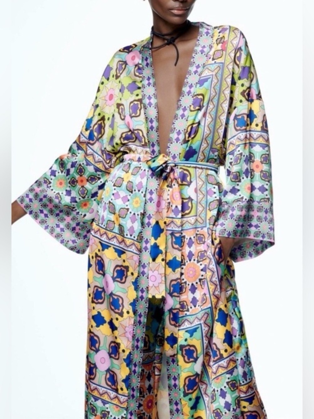 Zara Multicolored Satin Effect Belted Kimono Split Hem Pockets Women’s Size XS-S